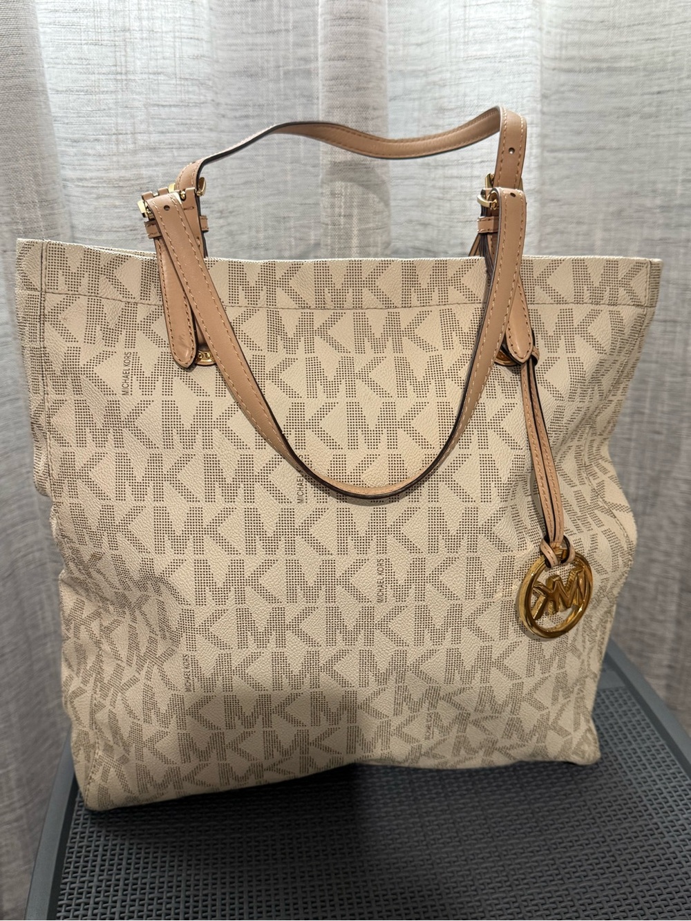 Michael Kors Beige Logo Tote with Tan Leather Straps and Gold MK Charm